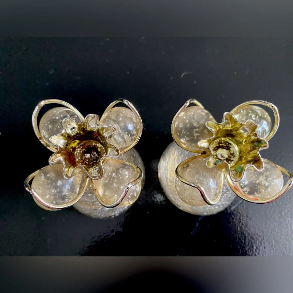 Vintage Lucite Acrylic Candle Sticks Holders Clear W/Gold Flecks Cone & Ball